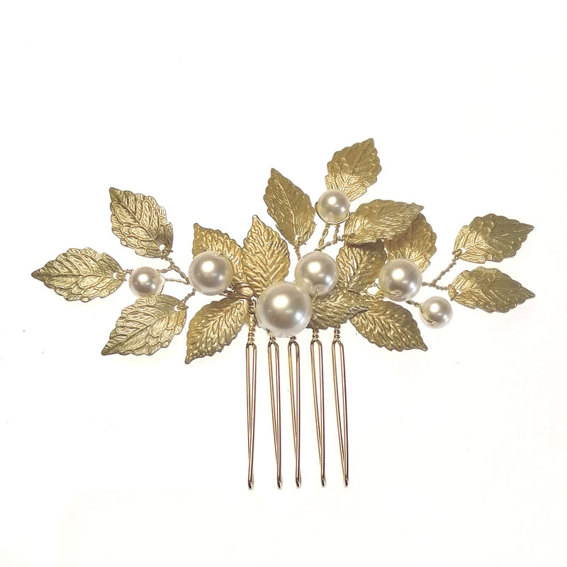 Arianna Aurelia Pearl and Leaf Mini Comb - Gold & Ivory - ex display