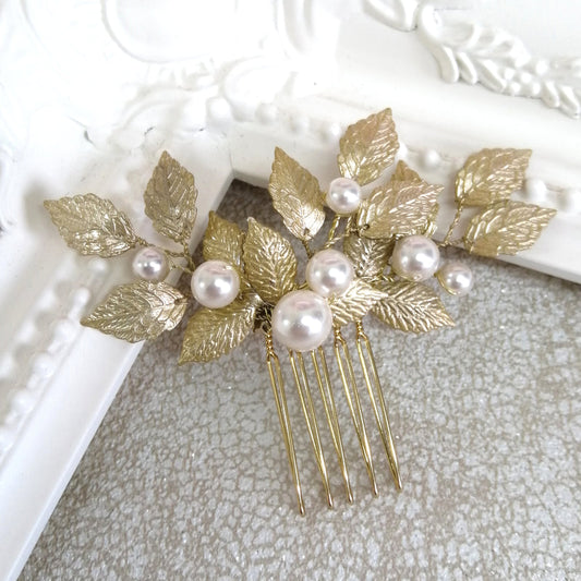 Arianna Aurelia Pearl and Leaf Mini Comb - Gold & Ivory - ex display