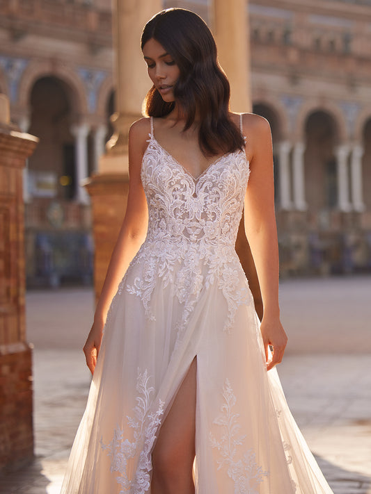 Woman wearing Moonlight Couture H1547 A-line wedding dress